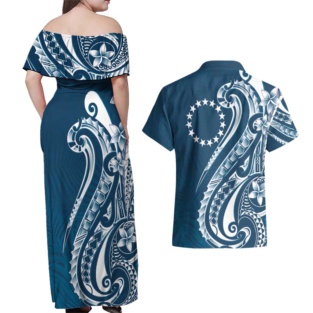 Kia Orana Cook Islands Couples Matching Off Shoulder Maxi Dress and Hawaiian Shirt Auika Plumeria Tropical Waves LT7 - Polynesian Pride