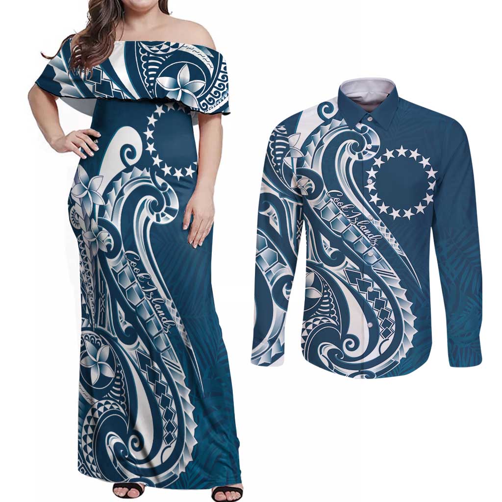 Kia Orana Cook Islands Couples Matching Off Shoulder Maxi Dress and Long Sleeve Button Shirt Auika Plumeria Tropical Waves LT7 Navy Blue - Polynesian Pride