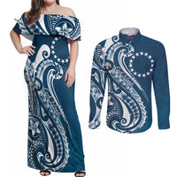 Kia Orana Cook Islands Couples Matching Off Shoulder Maxi Dress and Long Sleeve Button Shirt Auika Plumeria Tropical Waves LT7 Navy Blue - Polynesian Pride