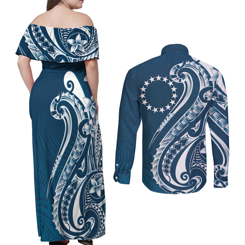 Kia Orana Cook Islands Couples Matching Off Shoulder Maxi Dress and Long Sleeve Button Shirt Auika Plumeria Tropical Waves LT7 - Polynesian Pride