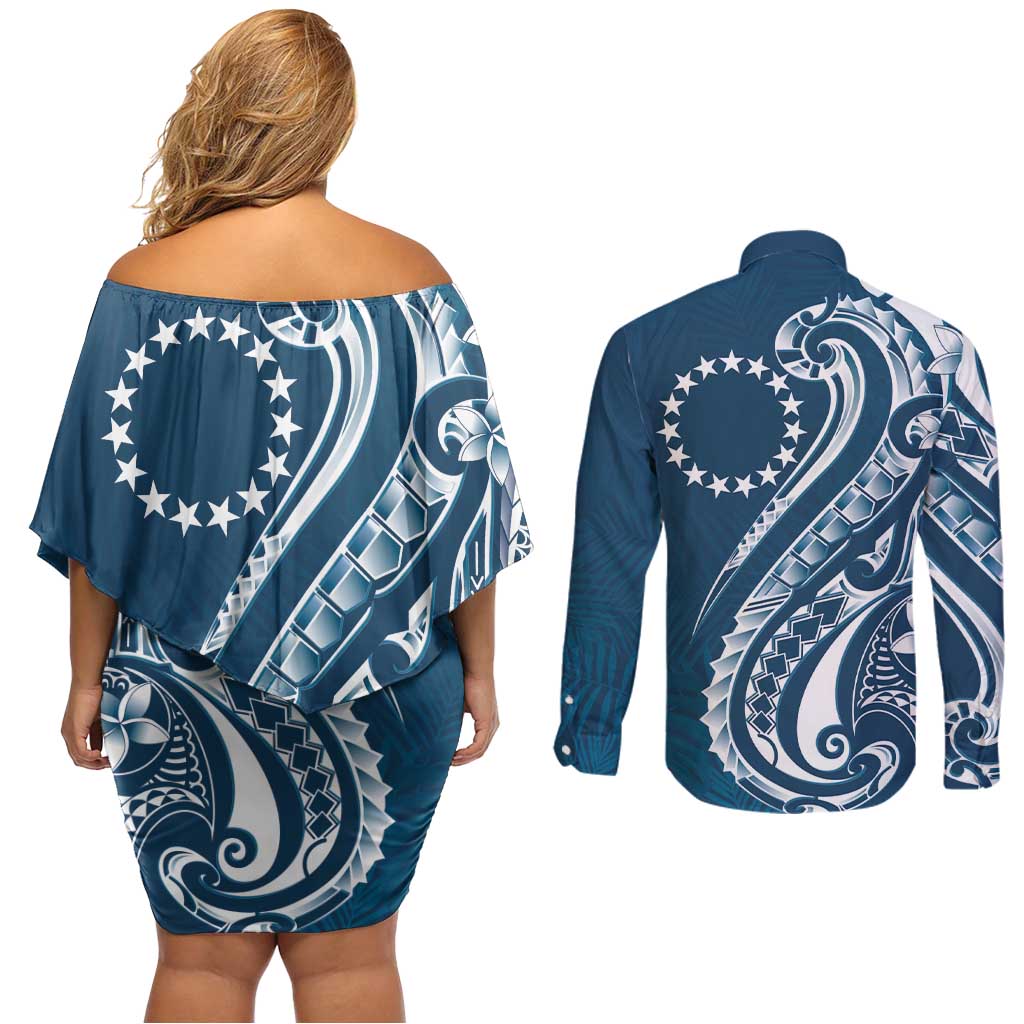 Kia Orana Cook Islands Couples Matching Off Shoulder Short Dress and Long Sleeve Button Shirt Auika Plumeria Tropical Waves LT7 - Polynesian Pride