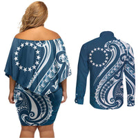 Kia Orana Cook Islands Couples Matching Off Shoulder Short Dress and Long Sleeve Button Shirt Auika Plumeria Tropical Waves LT7 - Polynesian Pride