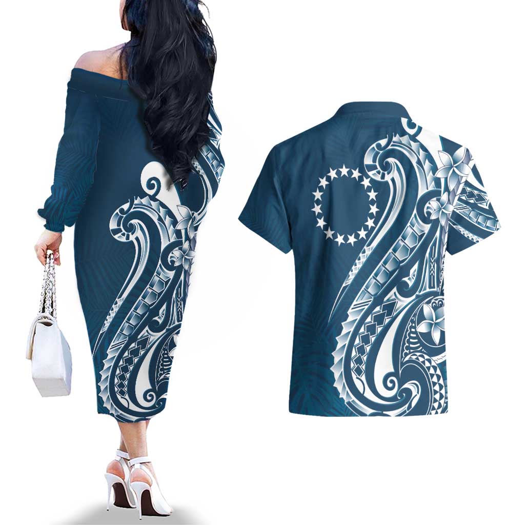 Kia Orana Cook Islands Couples Matching Off The Shoulder Long Sleeve Dress and Hawaiian Shirt Auika Plumeria Tropical Waves LT7 - Polynesian Pride