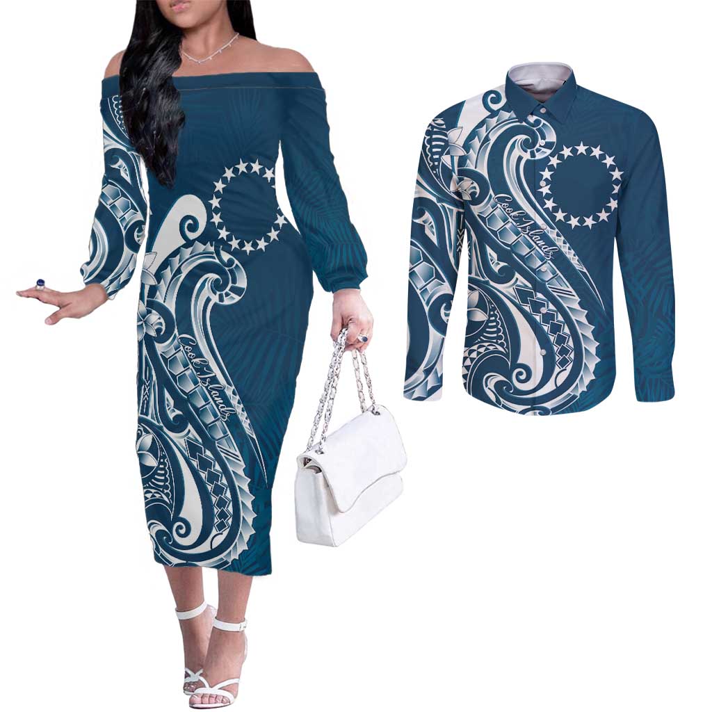 Kia Orana Cook Islands Couples Matching Off The Shoulder Long Sleeve Dress and Long Sleeve Button Shirt Auika Plumeria Tropical Waves LT7 Navy Blue - Polynesian Pride