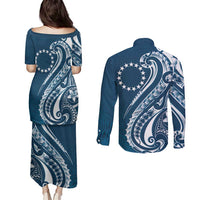 Kia Orana Cook Islands Couples Matching Puletasi and Long Sleeve Button Shirt Auika Plumeria Tropical Waves LT7 - Polynesian Pride