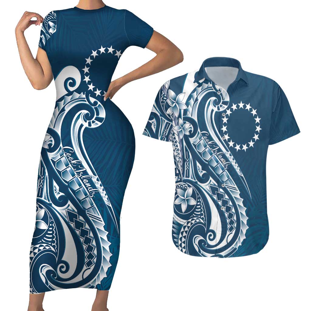 Kia Orana Cook Islands Couples Matching Short Sleeve Bodycon Dress and Hawaiian Shirt Auika Plumeria Tropical Waves LT7 Navy Blue - Polynesian Pride