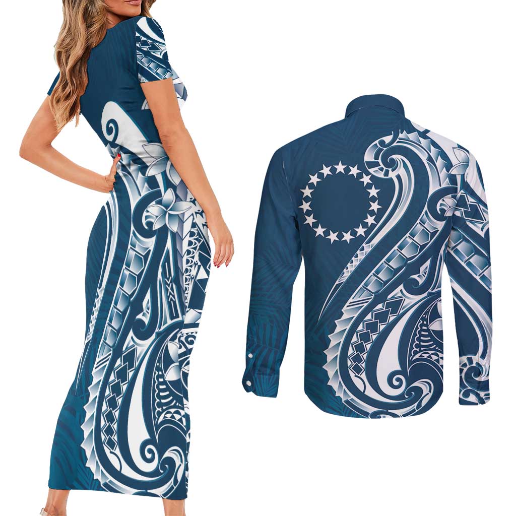 Kia Orana Cook Islands Couples Matching Short Sleeve Bodycon Dress and Long Sleeve Button Shirt Auika Plumeria Tropical Waves LT7 - Polynesian Pride