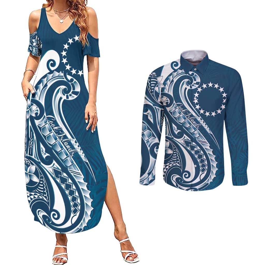Kia Orana Cook Islands Couples Matching Summer Maxi Dress and Long Sleeve Button Shirt Auika Plumeria Tropical Waves LT7 Navy Blue - Polynesian Pride