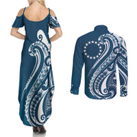 Kia Orana Cook Islands Couples Matching Summer Maxi Dress and Long Sleeve Button Shirt Auika Plumeria Tropical Waves LT7 - Polynesian Pride