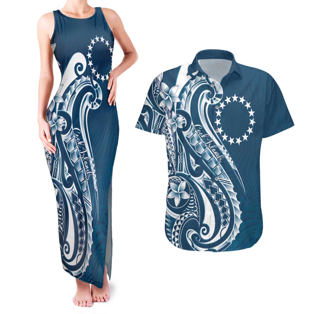 Kia Orana Cook Islands Couples Matching Tank Maxi Dress and Hawaiian Shirt Auika Plumeria Tropical Waves - Polynesian Pride