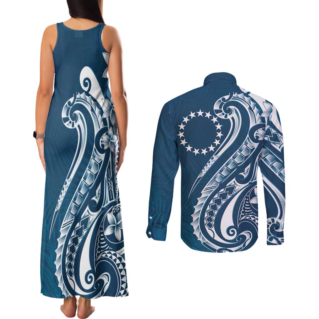 Kia Orana Cook Islands Couples Matching Tank Maxi Dress and Long Sleeve Button Shirt Auika Plumeria Tropical Waves LT7 - Polynesian Pride