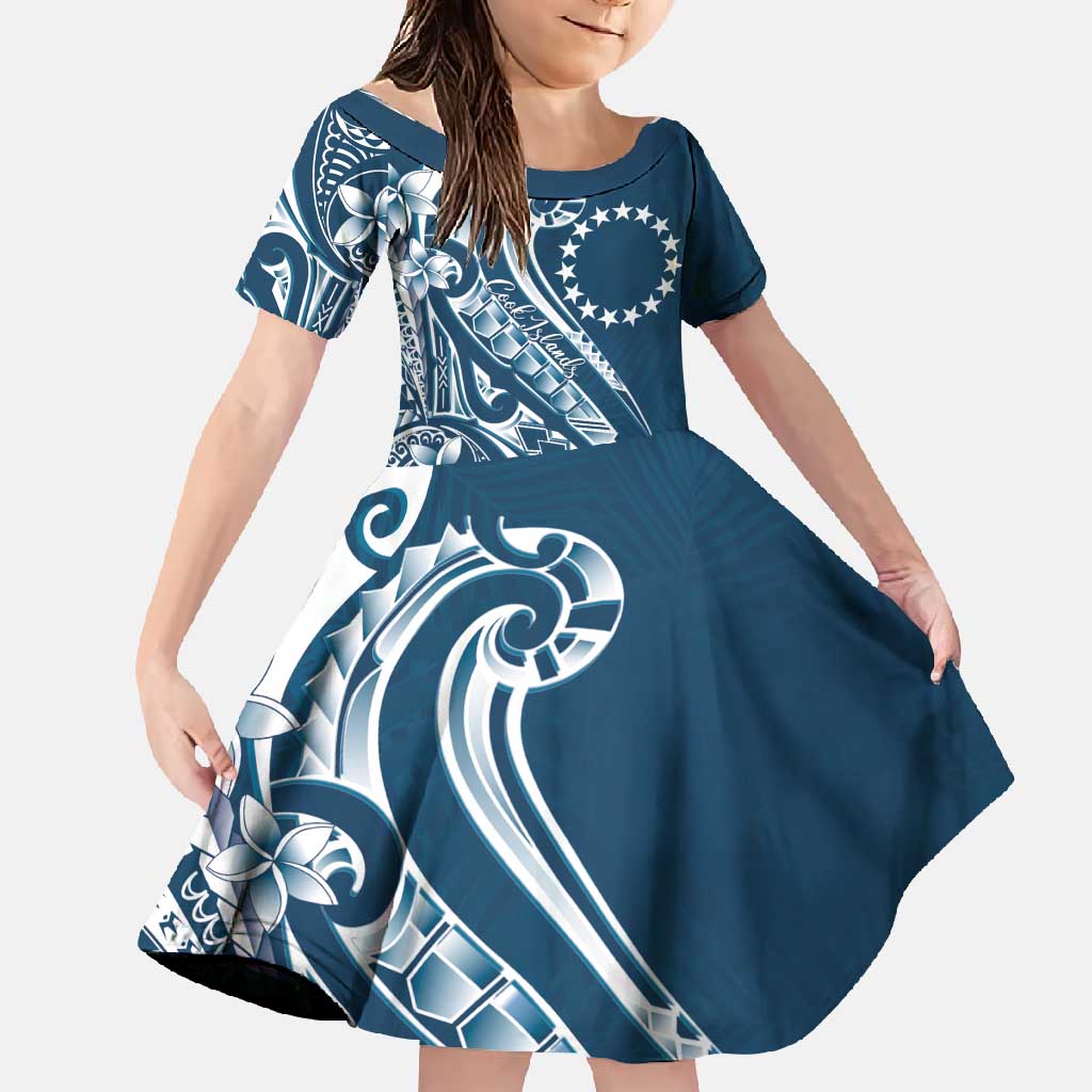 Kia Orana Cook Islands Family Matching Mermaid Dress and Hawaiian Shirt Auika Plumeria Tropical Waves LT7 Daughter's Dress Navy Blue - Polynesian Pride