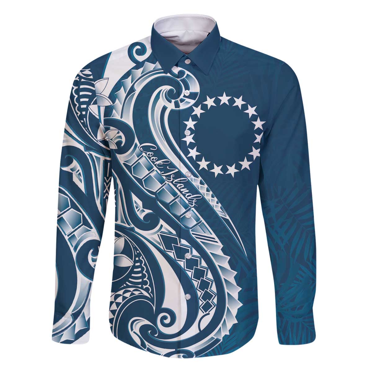 Kia Orana Cook Islands Family Matching Off The Shoulder Long Sleeve Dress and Hawaiian Shirt Auika Plumeria Tropical Waves LT7 Dad's Shirt - Long Sleeve Navy Blue - Polynesian Pride