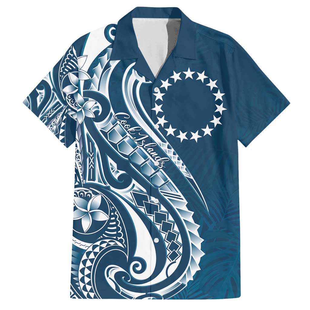 Kia Orana Cook Islands Family Matching Off Shoulder Maxi Dress and Hawaiian Shirt Auika Plumeria Tropical Waves LT7 Dad's Shirt - Short Sleeve Navy Blue - Polynesian Pride