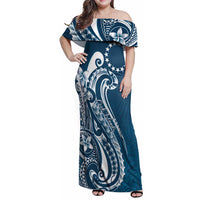 Kia Orana Cook Islands Family Matching Off Shoulder Maxi Dress and Hawaiian Shirt Auika Plumeria Tropical Waves LT7 Mom's Dress Navy Blue - Polynesian Pride