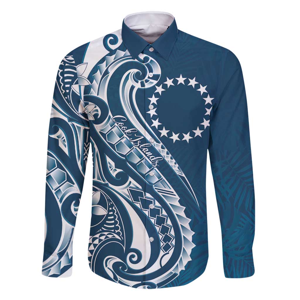 Kia Orana Cook Islands Family Matching Off Shoulder Short Dress and Hawaiian Shirt Auika Plumeria Tropical Waves LT7 Dad's Shirt - Long Sleeve Navy Blue - Polynesian Pride