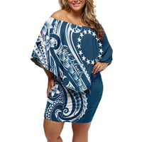 Kia Orana Cook Islands Family Matching Off Shoulder Short Dress and Hawaiian Shirt Auika Plumeria Tropical Waves LT7 Mom's Dress Navy Blue - Polynesian Pride