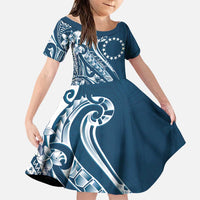 Kia Orana Cook Islands Family Matching Puletasi and Hawaiian Shirt Auika Plumeria Tropical Waves LT7 Daughter's Dress Navy Blue - Polynesian Pride