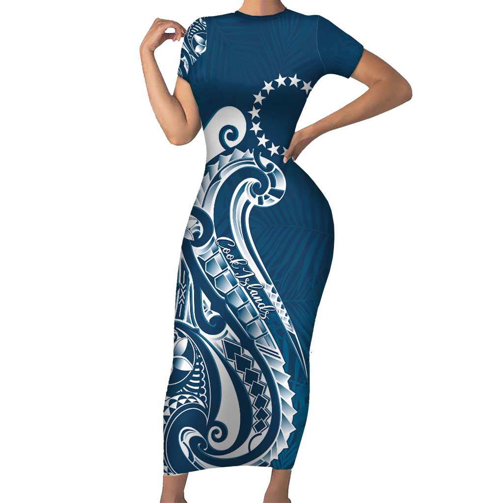 Kia Orana Cook Islands Family Matching Short Sleeve Bodycon Dress and Hawaiian Shirt Auika Plumeria Tropical Waves LT7 Mom's Dress Navy Blue - Polynesian Pride