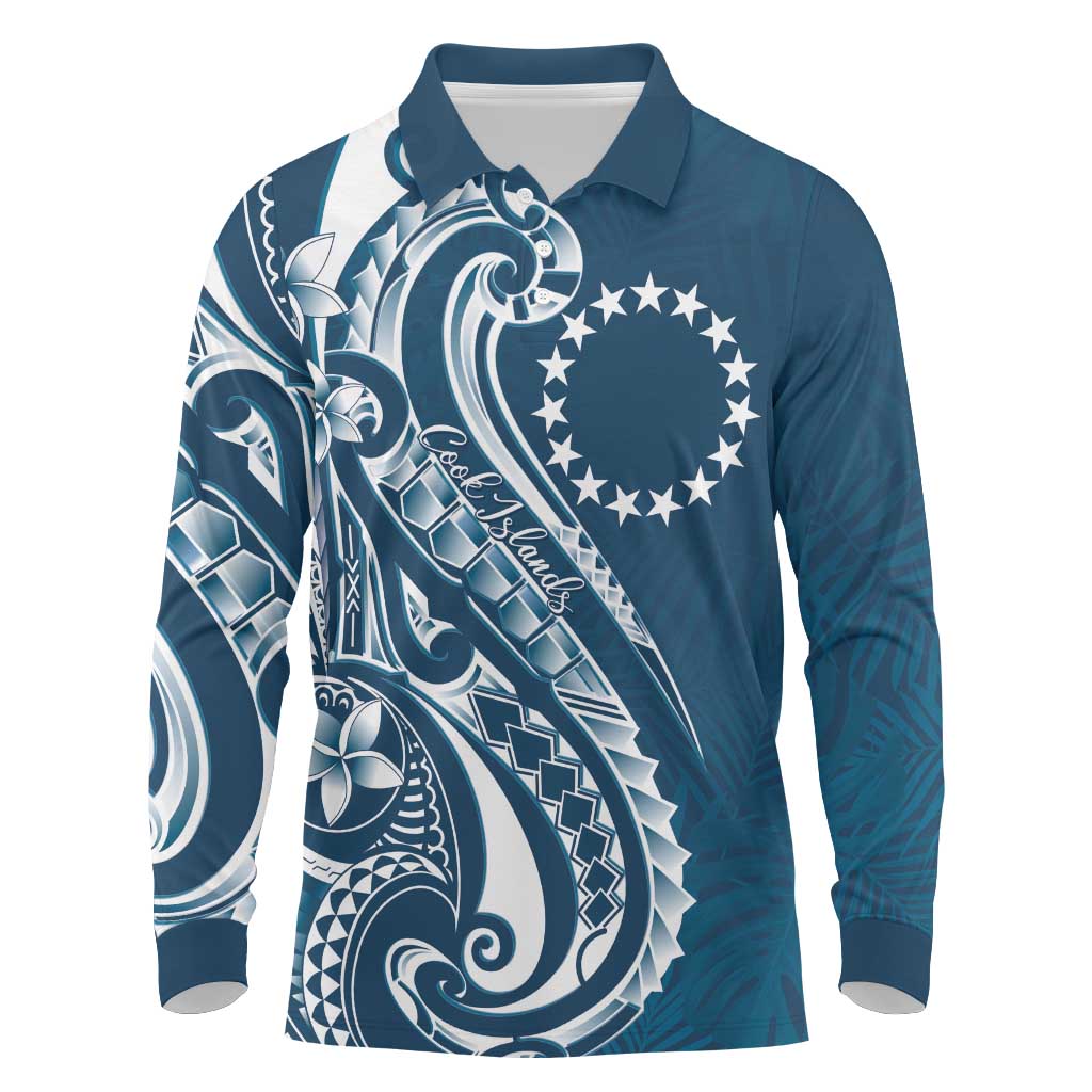 Kia Orana Cook Islands Long Sleeve Polo Shirt Auika Plumeria Tropical Waves LT7 Navy Blue - Polynesian Pride
