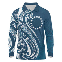 Kia Orana Cook Islands Long Sleeve Polo Shirt Auika Plumeria Tropical Waves LT7 Navy Blue - Polynesian Pride