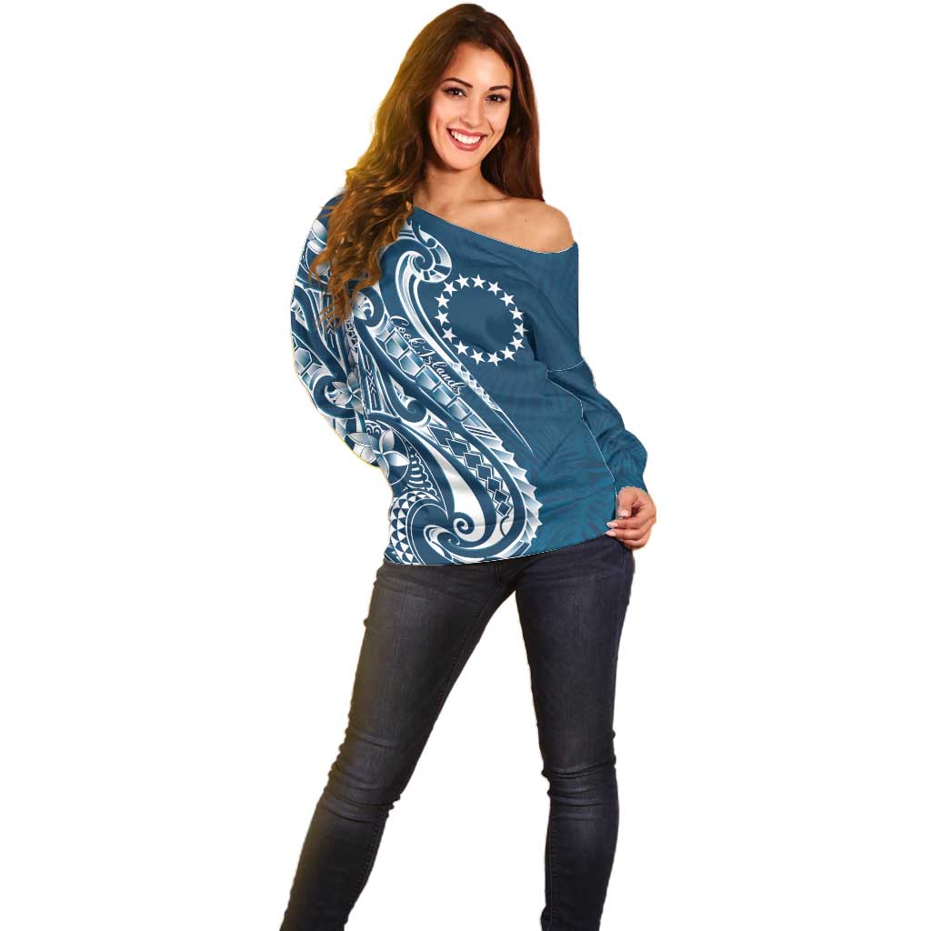 Kia Orana Cook Islands Off Shoulder Sweater Auika Plumeria Tropical Waves - Polynesian Pride