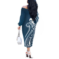Kia Orana Cook Islands Off The Shoulder Long Sleeve Dress Auika Plumeria Tropical Waves LT7 - Polynesian Pride