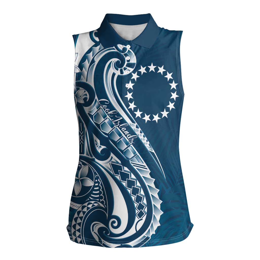 Kia Orana Cook Islands Women Sleeveless Polo Shirt Auika Plumeria Tropical Waves LT7 Female Navy Blue - Polynesian Pride