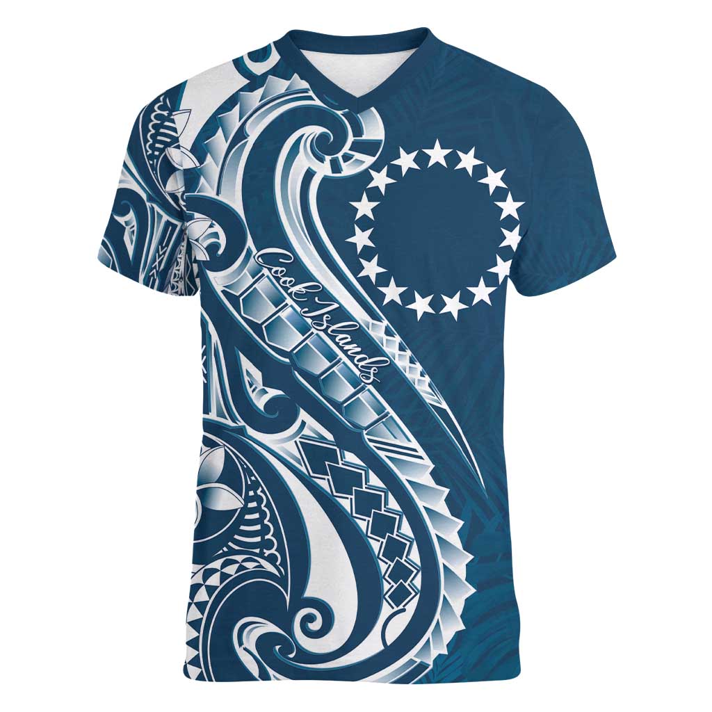 Kia Orana Cook Islands Women V-Neck T-Shirt Auika Plumeria Tropical Waves LT7 Female Navy Blue - Polynesian Pride