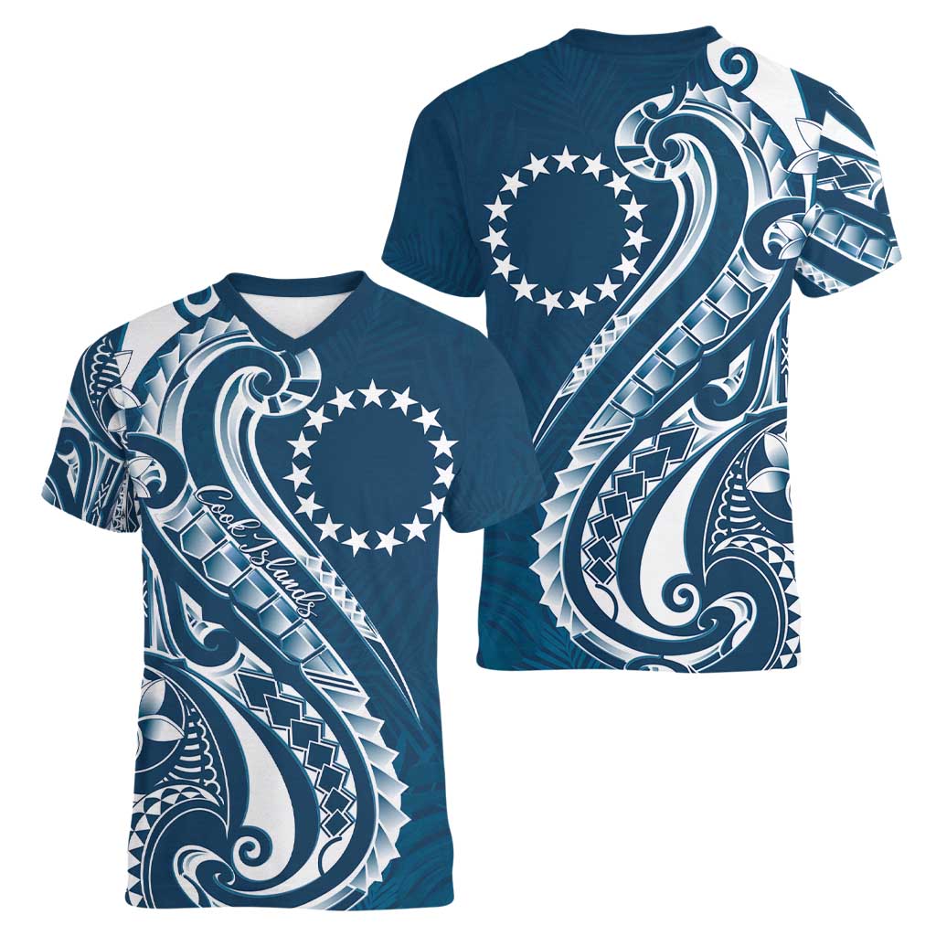 Kia Orana Cook Islands Women V-Neck T-Shirt Auika Plumeria Tropical Waves LT7 - Polynesian Pride