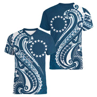 Kia Orana Cook Islands Women V-Neck T-Shirt Auika Plumeria Tropical Waves LT7 - Polynesian Pride