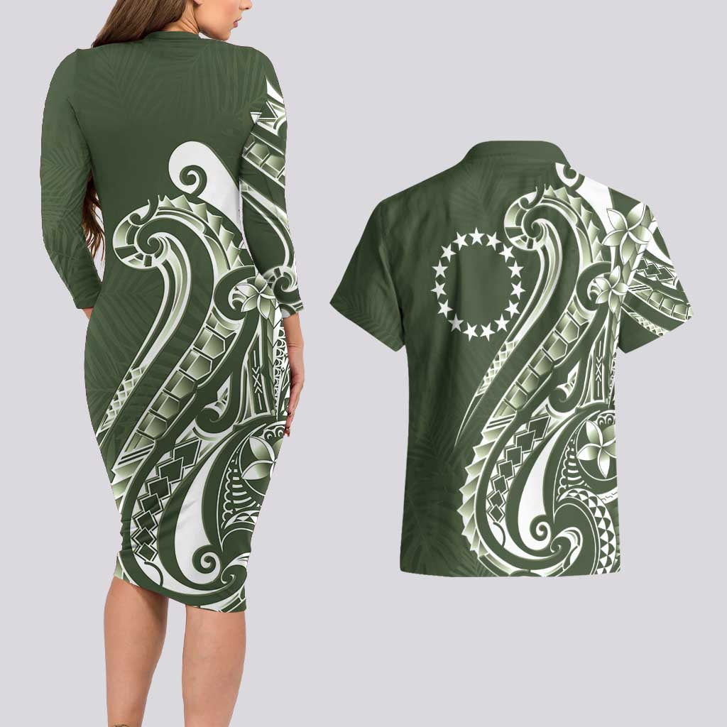 Kia Orana Cook Islands Couples Matching Long Sleeve Bodycon Dress and Hawaiian Shirt Matie Plumeria Tropical Waves LT7 - Polynesian Pride