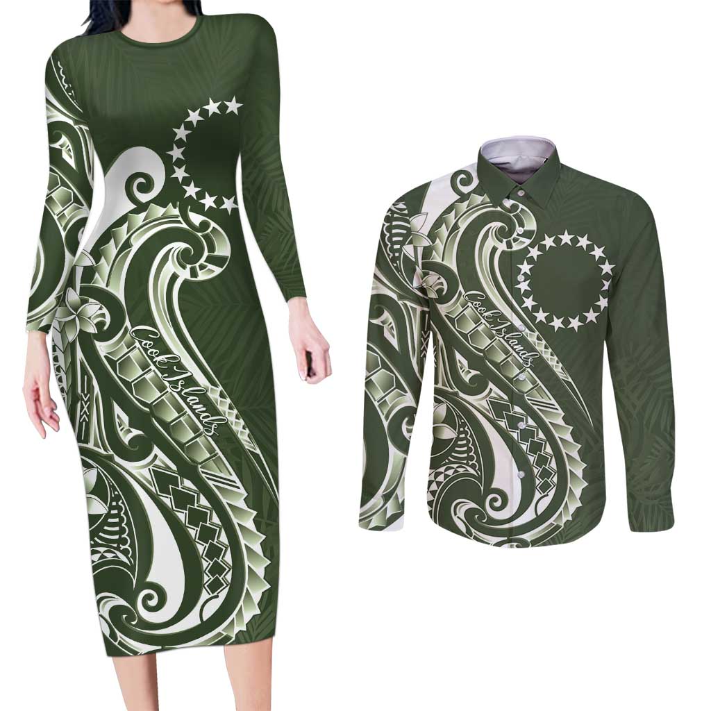 Kia Orana Cook Islands Couples Matching Long Sleeve Bodycon Dress and Long Sleeve Button Shirt Matie Plumeria Tropical Waves LT7 Sage Green - Polynesian Pride