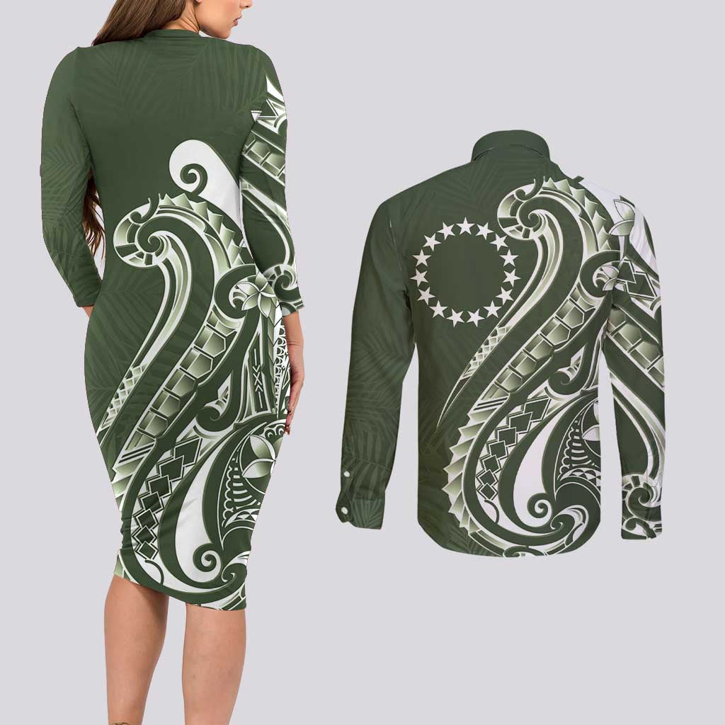 Kia Orana Cook Islands Couples Matching Long Sleeve Bodycon Dress and Long Sleeve Button Shirt Matie Plumeria Tropical Waves LT7 - Polynesian Pride
