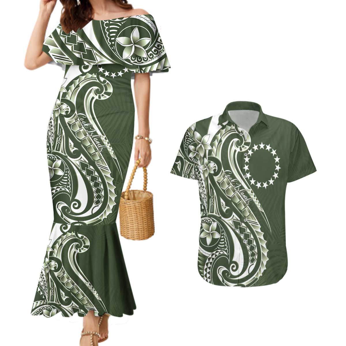 Kia Orana Cook Islands Couples Matching Mermaid Dress and Hawaiian Shirt Matie Plumeria Tropical Waves - Polynesian Pride