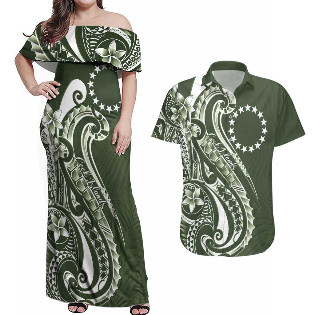 Kia Orana Cook Islands Couples Matching Off Shoulder Maxi Dress and Hawaiian Shirt Matie Plumeria Tropical Waves LT7 Sage Green - Polynesian Pride