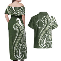 Kia Orana Cook Islands Couples Matching Off Shoulder Maxi Dress and Hawaiian Shirt Matie Plumeria Tropical Waves LT7 - Polynesian Pride