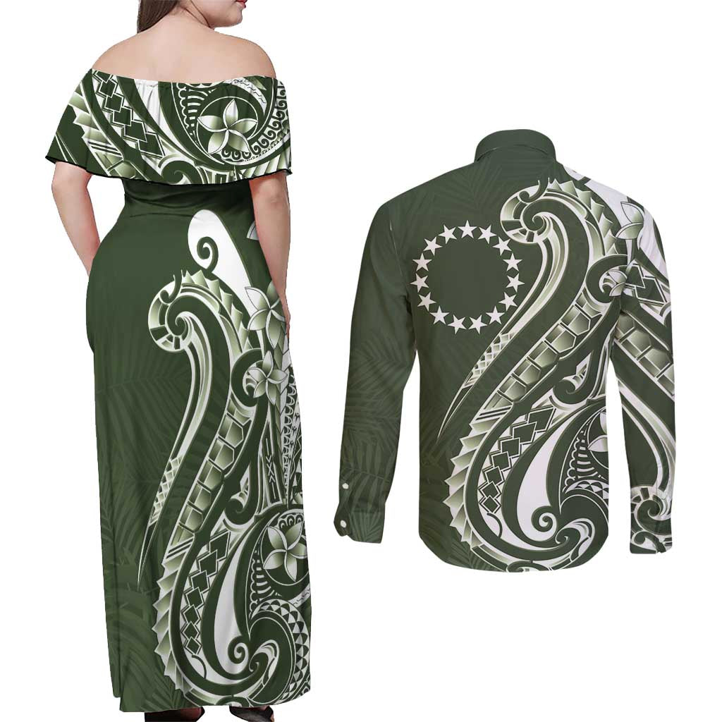 Kia Orana Cook Islands Couples Matching Off Shoulder Maxi Dress and Long Sleeve Button Shirt Matie Plumeria Tropical Waves LT7 - Polynesian Pride