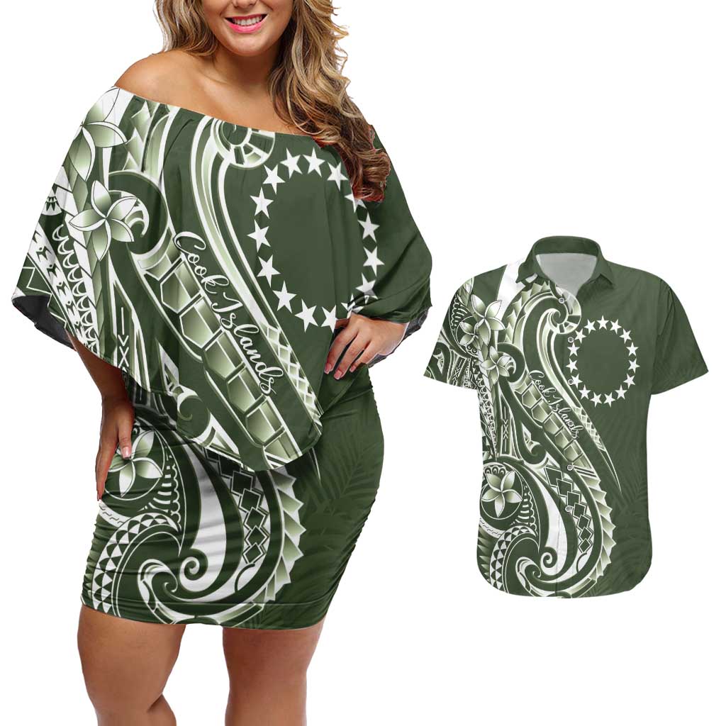 Kia Orana Cook Islands Couples Matching Off Shoulder Short Dress and Hawaiian Shirt Matie Plumeria Tropical Waves - Polynesian Pride