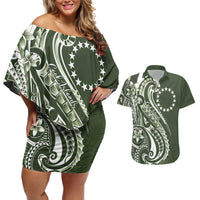 Kia Orana Cook Islands Couples Matching Off Shoulder Short Dress and Hawaiian Shirt Matie Plumeria Tropical Waves LT7 Sage Green - Polynesian Pride