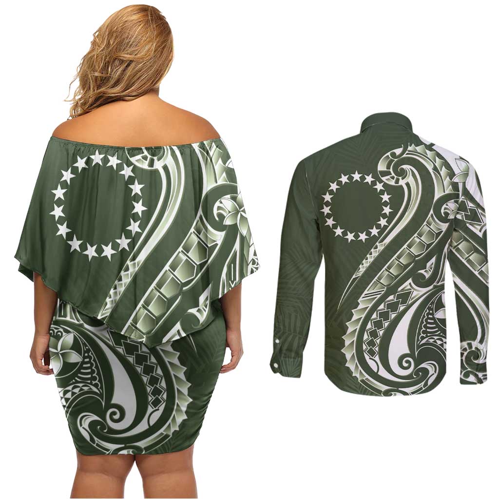 Kia Orana Cook Islands Couples Matching Off Shoulder Short Dress and Long Sleeve Button Shirt Matie Plumeria Tropical Waves LT7 - Polynesian Pride