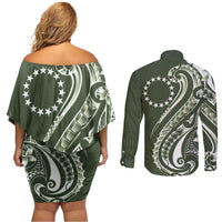 Kia Orana Cook Islands Couples Matching Off Shoulder Short Dress and Long Sleeve Button Shirt Matie Plumeria Tropical Waves LT7 - Polynesian Pride