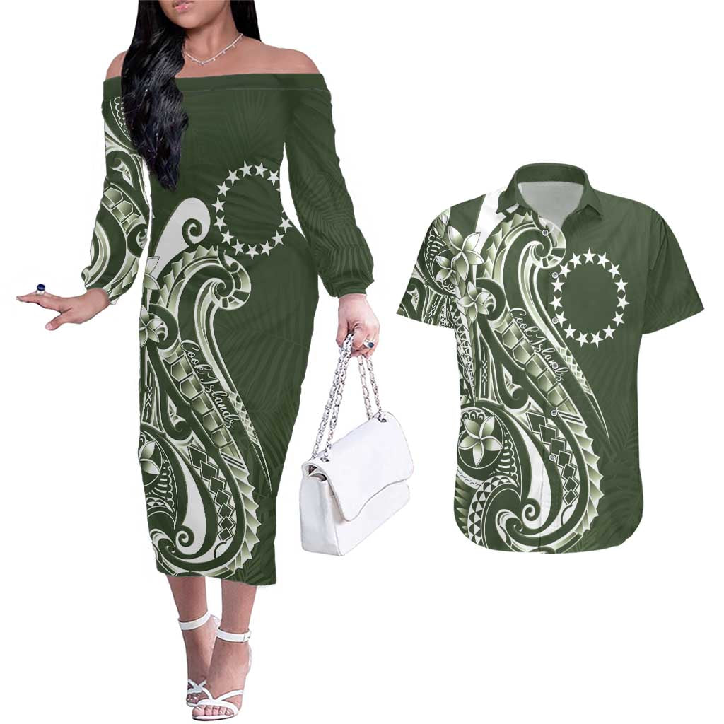 Kia Orana Cook Islands Couples Matching Off The Shoulder Long Sleeve Dress and Hawaiian Shirt Matie Plumeria Tropical Waves LT7 Sage Green - Polynesian Pride