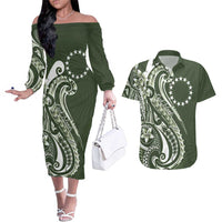 Kia Orana Cook Islands Couples Matching Off The Shoulder Long Sleeve Dress and Hawaiian Shirt Matie Plumeria Tropical Waves LT7 Sage Green - Polynesian Pride
