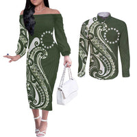 Kia Orana Cook Islands Couples Matching Off The Shoulder Long Sleeve Dress and Long Sleeve Button Shirt Matie Plumeria Tropical Waves LT7 Sage Green - Polynesian Pride