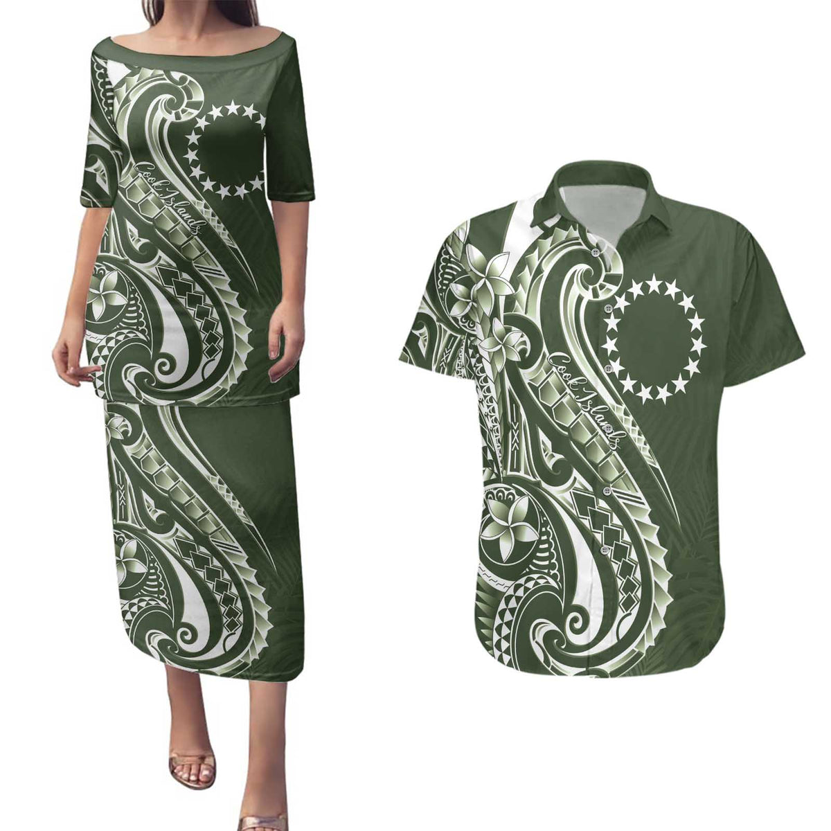 Kia Orana Cook Islands Couples Matching Puletasi and Hawaiian Shirt Matie Plumeria Tropical Waves LT7 Sage Green - Polynesian Pride