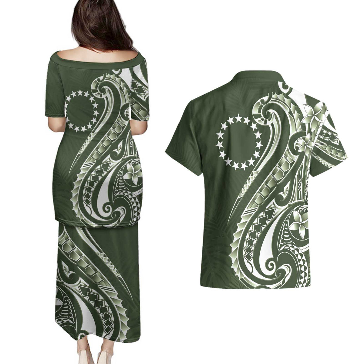 Kia Orana Cook Islands Couples Matching Puletasi and Hawaiian Shirt Matie Plumeria Tropical Waves LT7 - Polynesian Pride
