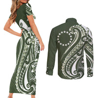 Kia Orana Cook Islands Couples Matching Short Sleeve Bodycon Dress and Long Sleeve Button Shirt Matie Plumeria Tropical Waves LT7 - Polynesian Pride