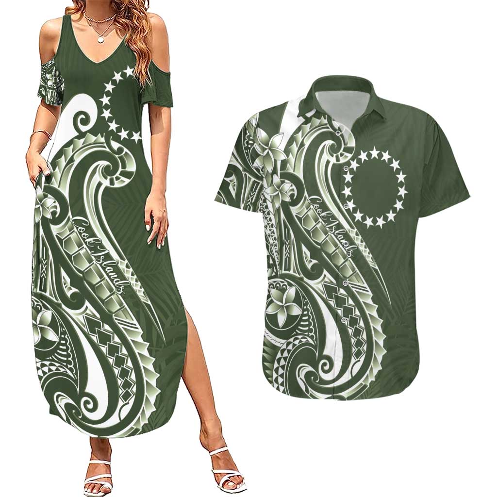 Kia Orana Cook Islands Couples Matching Summer Maxi Dress and Hawaiian Shirt Matie Plumeria Tropical Waves LT7 Sage Green - Polynesian Pride