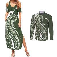 Kia Orana Cook Islands Couples Matching Summer Maxi Dress and Long Sleeve Button Shirt Matie Plumeria Tropical Waves LT7 Sage Green - Polynesian Pride